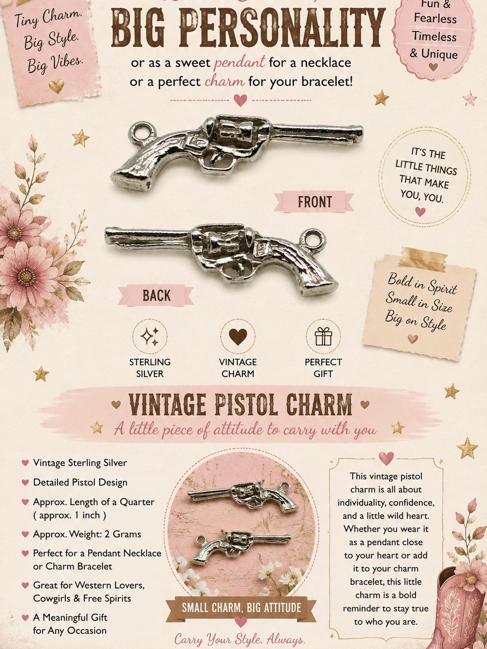 Vintage Pistol Charm Sterling Silver Pendant